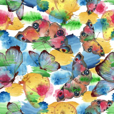 Egzotik kelebekler vahşi böcek suluboya tarzında. Sorunsuz arka plan deseni. Kumaş duvar kağıdı yazdırma doku. Aquarelle vahşi böcek arka plan, doku, sarıcı desen veya dövme için.