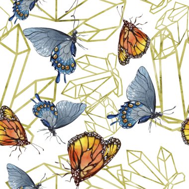 Egzotik kelebekler vahşi böcek suluboya tarzında. Sorunsuz arka plan deseni. Kumaş duvar kağıdı yazdırma doku. Aquarelle vahşi böcek arka plan, doku, sarıcı desen veya dövme için.