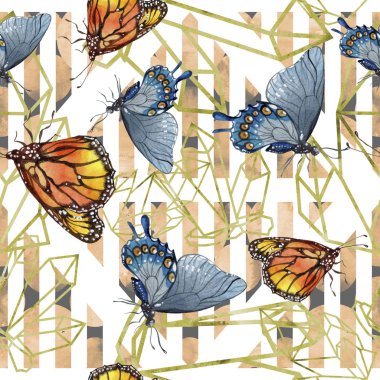 Egzotik kelebekler vahşi böcek suluboya tarzında. Sorunsuz arka plan deseni. Kumaş duvar kağıdı yazdırma doku. Aquarelle vahşi böcek arka plan, doku, sarıcı desen veya dövme için.