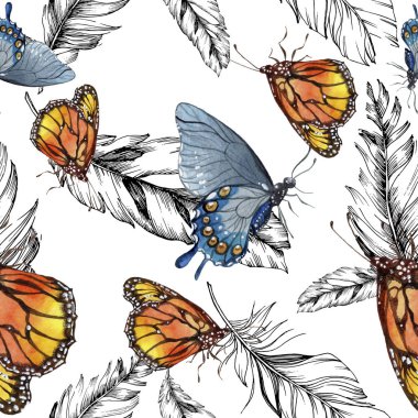 Egzotik kelebekler vahşi böcek suluboya tarzında. Sorunsuz arka plan deseni. Kumaş duvar kağıdı yazdırma doku. Aquarelle vahşi böcek arka plan, doku, sarıcı desen veya dövme için.