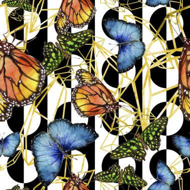 Egzotik kelebekler vahşi böcek suluboya tarzında. Sorunsuz arka plan deseni. Kumaş duvar kağıdı yazdırma doku. Aquarelle vahşi böcek arka plan, doku, sarıcı desen veya dövme için.