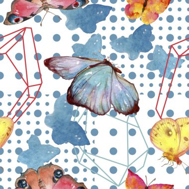 Egzotik kelebekler vahşi böcek suluboya tarzında. Sorunsuz arka plan deseni. Kumaş duvar kağıdı yazdırma doku. Aquarelle vahşi böcek arka plan, doku, sarıcı desen veya dövme için.