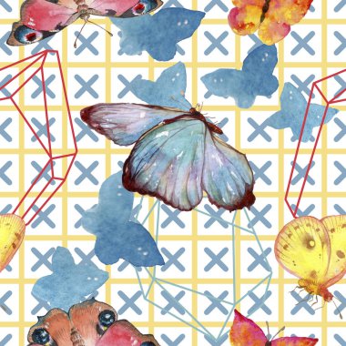 Egzotik kelebekler vahşi böcek suluboya tarzında. Sorunsuz arka plan deseni. Kumaş duvar kağıdı yazdırma doku. Aquarelle vahşi böcek arka plan, doku, sarıcı desen veya dövme için.