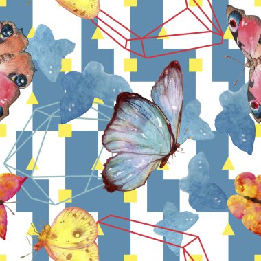 Egzotik kelebekler vahşi böcek suluboya tarzında. Sorunsuz arka plan deseni. Kumaş duvar kağıdı yazdırma doku. Aquarelle vahşi böcek arka plan, doku, sarıcı desen veya dövme için.