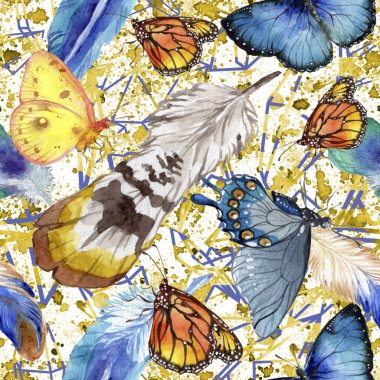 Egzotik kelebekler vahşi böcek suluboya tarzında. Sorunsuz arka plan deseni. Kumaş duvar kağıdı yazdırma doku. Aquarelle vahşi böcek arka plan, doku, sarıcı desen veya dövme için.