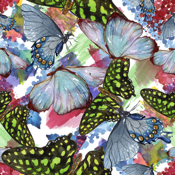 Exotic butterflies wild insect in a watercolor style. Seamless background pattern. Fabric wallpaper print texture. Aquarelle wild insect for background, texture, wrapper pattern or tattoo.