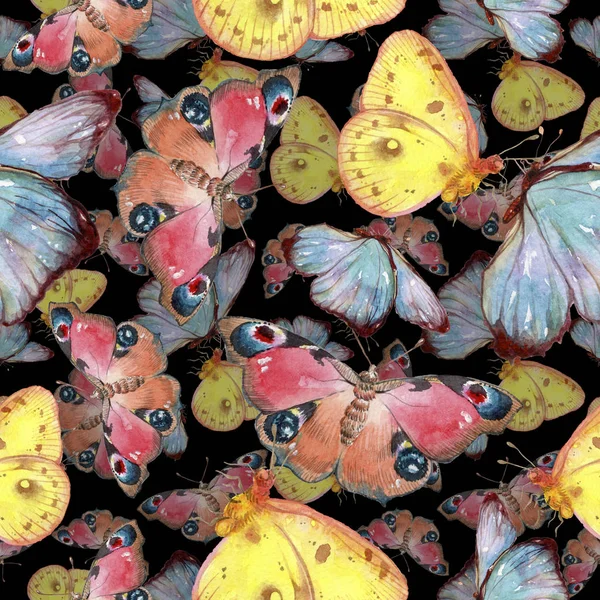 Mariposas Exóticas Insectos Salvajes Estilo Acuarela Patrón Fondo Sin Costuras —  Fotos de Stock