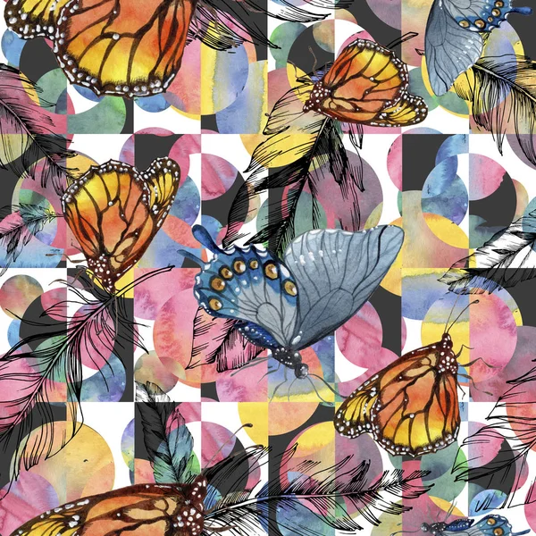 水彩風のエキゾチックな蝶野生の昆虫 シームレスな背景パターン 壁紙印刷手触りの生地 テクスチャ ラッパー パターンまたは入れ墨の Aquarelle 野生の昆虫 — ストック写真