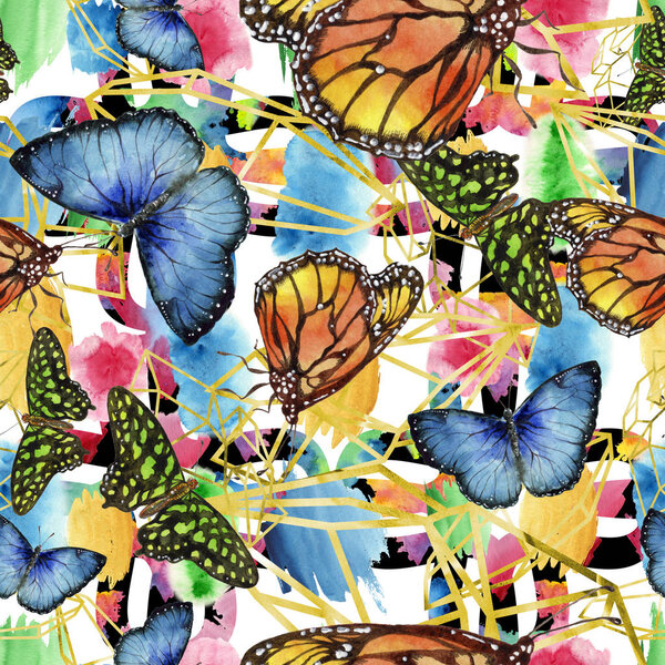 Exotic butterflies wild insect in a watercolor style. Seamless background pattern. Fabric wallpaper print texture. Aquarelle wild insect for background, texture, wrapper pattern or tattoo.