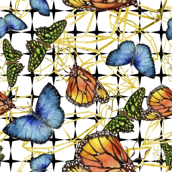 奇特的蝴蝶在水彩风格的野生昆虫 无缝的背景图案 织物墙纸打印纹理 水彩画的背景 包装图案或纹身的野生昆虫 — 图库照片