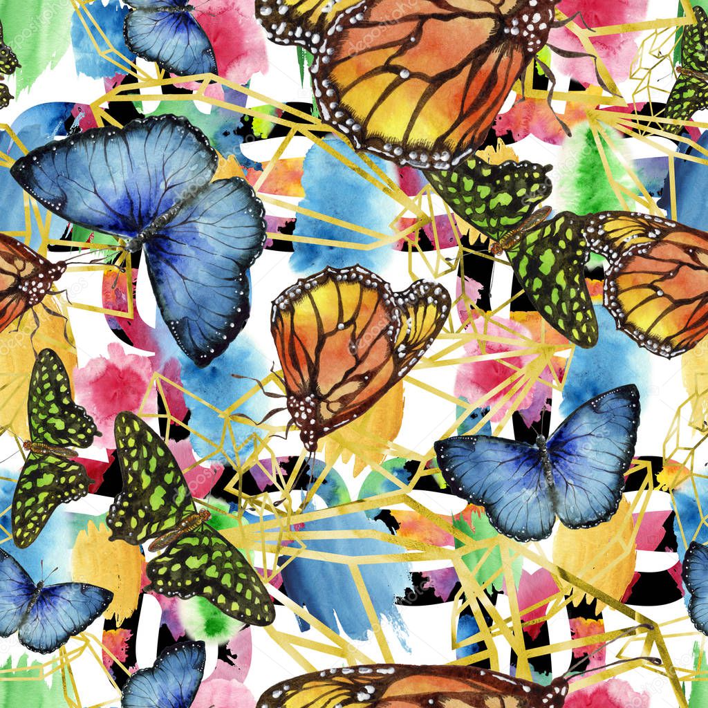 Exotic butterflies wild insect in a watercolor style. Seamless background pattern. Fabric wallpaper print texture. Aquarelle wild insect for background, texture, wrapper pattern or tattoo.