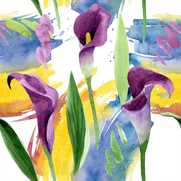 Květinový akvarel fialový callas. Květinové botanické květin. Vzor bezešvé pozadí. — Stock fotografie