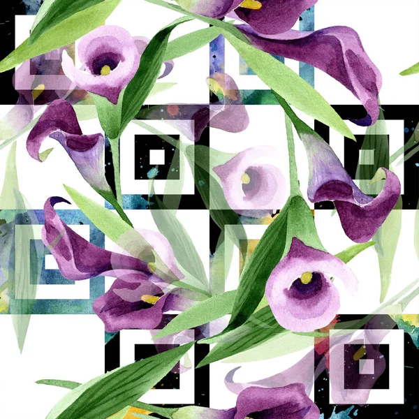 Watercolor purple callas flower. Floral botanical flower. Seamless background pattern.