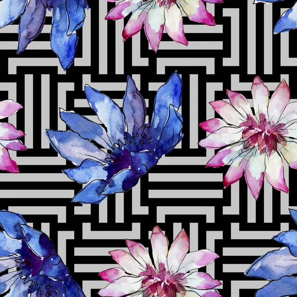 水彩のカラフルなアフリカ デイジーの花 花植物の花 シームレスな背景パターン 壁紙印刷手触りの生地 テクスチャ ラッパー パターン Aquarelle ワイルドフラワー — ストック写真