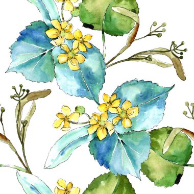Suluboya linden yeşil yaprakları. Yaprak bitki botanik bahçe çiçek yaprakları. Sorunsuz arka plan deseni. Kumaş duvar kağıdı yazdırma doku. Aquarelle yaprak için arka plan, doku, sarıcı desen.