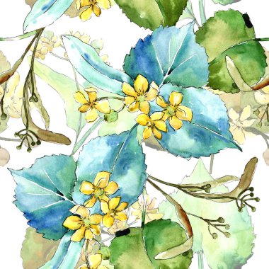 Suluboya linden yeşil yaprakları. Yaprak bitki botanik bahçe çiçek yaprakları. Sorunsuz arka plan deseni. Kumaş duvar kağıdı yazdırma doku. Aquarelle yaprak için arka plan, doku, sarıcı desen.