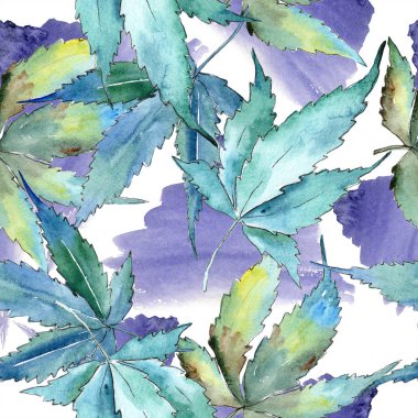 Sulu boya yeşil esrar bırakır. Yaprak bitki botanik bahçe çiçek yaprakları. Sorunsuz arka plan deseni. Kumaş duvar kağıdı yazdırma doku. Aquarelle yaprak için arka plan, doku, sarıcı desen.