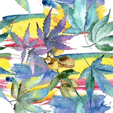 Sulu boya yeşil esrar bırakır. Yaprak bitki botanik bahçe çiçek yaprakları. Sorunsuz arka plan deseni. Kumaş duvar kağıdı yazdırma doku. Aquarelle yaprak için arka plan, doku, sarıcı desen.