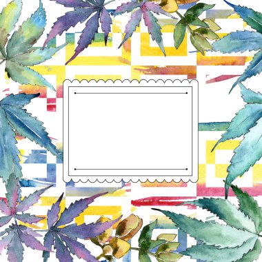 Sulu boya yeşil esrar bırakır. Yaprak bitki botanik bahçe çiçek yaprakları. Çerçeve kenarlığı süsleme Meydanı. Aquarelle yaprak için arka plan, doku, sarıcı desen, çerçeve veya kenarlık.