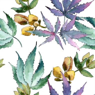 Sulu boya yeşil esrar bırakır. Yaprak bitki botanik bahçe çiçek yaprakları. Sorunsuz arka plan deseni. Kumaş duvar kağıdı yazdırma doku. Aquarelle yaprak için arka plan, doku, sarıcı desen.