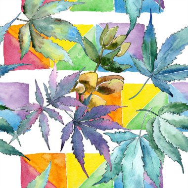 Sulu boya yeşil esrar bırakır. Yaprak bitki botanik bahçe çiçek yaprakları. Sorunsuz arka plan deseni. Kumaş duvar kağıdı yazdırma doku. Aquarelle yaprak için arka plan, doku, sarıcı desen.