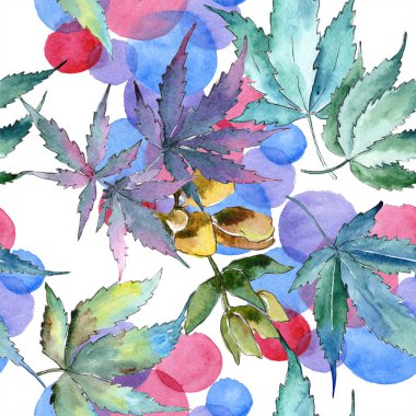 Sulu boya yeşil esrar bırakır. Yaprak bitki botanik bahçe çiçek yaprakları. Sorunsuz arka plan deseni. Kumaş duvar kağıdı yazdırma doku. Aquarelle yaprak için arka plan, doku, sarıcı desen.