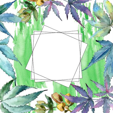 Sulu boya yeşil esrar bırakır. Yaprak bitki botanik bahçe çiçek yaprakları. Çerçeve kenarlığı süsleme Meydanı. Aquarelle yaprak için arka plan, doku, sarıcı desen, çerçeve veya kenarlık.