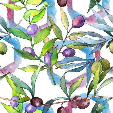 Zeytin ağacı suluboya tarzında. Sorunsuz arka plan deseni. Kumaş duvar kağıdı yazdırma doku. Bitki tam adı: zeytin. Arka plan, doku, sarıcı desen için Aquarelle zeytin ağacı.