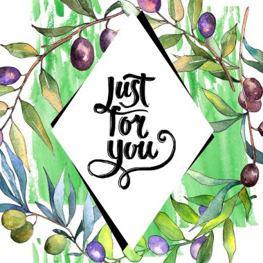 Zeytin ağacı suluboya tarzında. Çerçeve kenarlığı süsleme Meydanı. Bitki tam adı: bir zeytin ağacı dalı. Arka plan, doku, sarıcı desen, çerçeve veya kenarlık için Aquarelle zeytin ağacı.