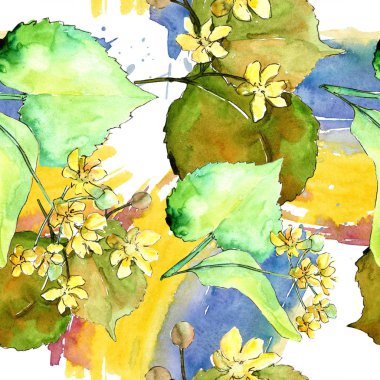 Suluboya linden yeşil yaprakları. Yaprak bitki botanik bahçe çiçek yaprakları. Sorunsuz arka plan deseni. Kumaş duvar kağıdı yazdırma doku. Aquarelle yaprak için arka plan, doku, sarıcı desen.