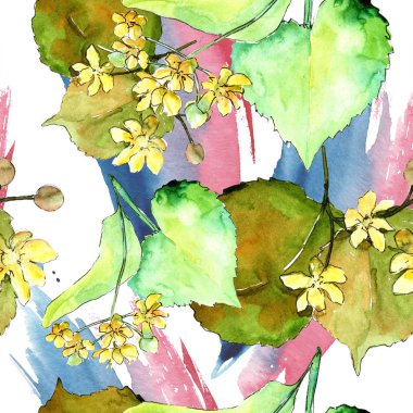 Suluboya linden yeşil yaprakları. Yaprak bitki botanik bahçe çiçek yaprakları. Sorunsuz arka plan deseni. Kumaş duvar kağıdı yazdırma doku. Aquarelle yaprak için arka plan, doku, sarıcı desen.