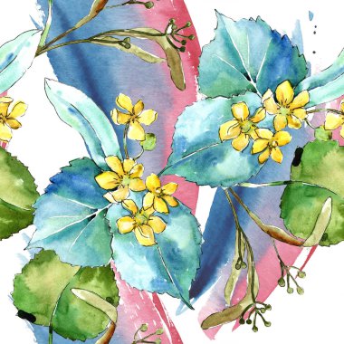 Suluboya linden yeşil yaprakları. Yaprak bitki botanik bahçe çiçek yaprakları. Sorunsuz arka plan deseni. Kumaş duvar kağıdı yazdırma doku. Aquarelle yaprak için arka plan, doku, sarıcı desen.