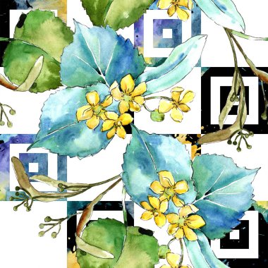 Suluboya linden yeşil yaprakları. Yaprak bitki botanik bahçe çiçek yaprakları. Sorunsuz arka plan deseni. Kumaş duvar kağıdı yazdırma doku. Aquarelle yaprak için arka plan, doku, sarıcı desen.