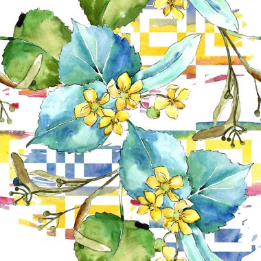 Suluboya linden yeşil yaprakları. Yaprak bitki botanik bahçe çiçek yaprakları. Sorunsuz arka plan deseni. Kumaş duvar kağıdı yazdırma doku. Aquarelle yaprak için arka plan, doku, sarıcı desen.