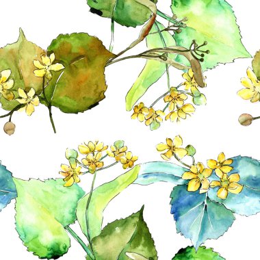 Suluboya linden yeşil yaprakları. Yaprak bitki botanik bahçe çiçek yaprakları. Sorunsuz arka plan deseni. Kumaş duvar kağıdı yazdırma doku. Aquarelle yaprak için arka plan, doku, sarıcı desen.