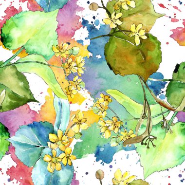 Suluboya linden yeşil yaprakları. Yaprak bitki botanik bahçe çiçek yaprakları. Sorunsuz arka plan deseni. Kumaş duvar kağıdı yazdırma doku. Aquarelle yaprak için arka plan, doku, sarıcı desen.