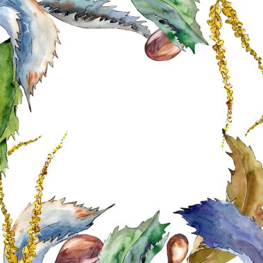 Tatlı kestane bırakır. Yaprak bitki botanik bahçe çiçek yaprakları. Çerçeve kenarlığı süsleme Meydanı. Aquarelle yaprak için arka plan, doku, sarıcı desen, çerçeve veya kenarlık.