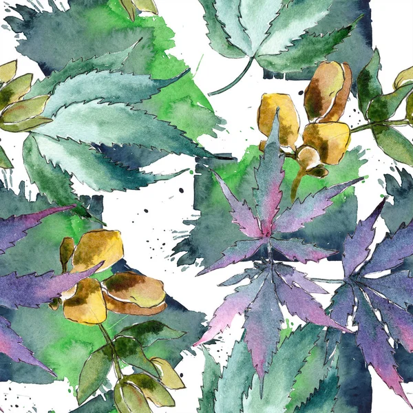水彩绿色大麻叶子 叶植物植物园花叶 无缝的背景图案 织物墙纸打印纹理 包装图案的水彩画叶 — 图库照片