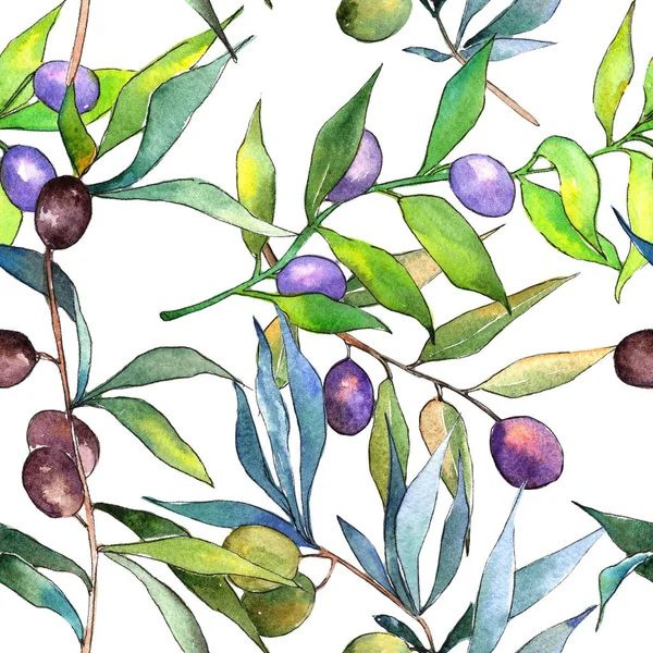 Olive tree in a watercolor style. Seamless background pattern. Fabric wallpaper print texture. Full name of the plant: olive. Aquarelle olive tree for background, texture, wrapper pattern.