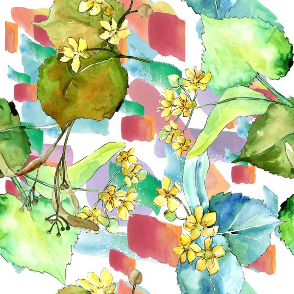水彩リンデン グリーンの葉 葉植物植物園花葉 シームレスな背景パターン 壁紙印刷手触りの生地 テクスチャ ラッパー パターン Aquarelle — ストック写真