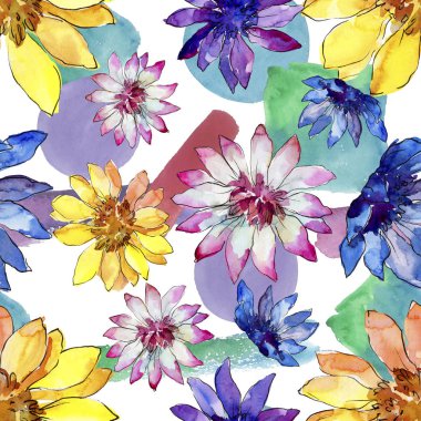 Sulu boya renkli güller çiçek. Botanik çiçek. Sorunsuz arka plan deseni. Kumaş duvar kağıdı yazdırma doku. Arka plan, doku, sarıcı desen Aquarelle kır çiçeği.