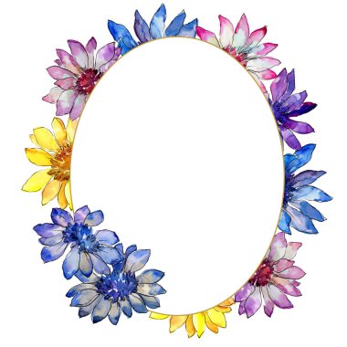 Sulu boya renkli güller çiçek. Botanik çiçek. Çerçeve kenarlığı süsleme Meydanı. Arka plan, doku, sarıcı desen, çerçeve veya kenarlık için Aquarelle kır çiçeği.