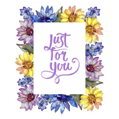 Sulu boya renkli güller çiçek. Botanik çiçek. Çerçeve kenarlığı süsleme Meydanı. Arka plan, doku, sarıcı desen, çerçeve veya kenarlık için Aquarelle kır çiçeği.