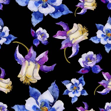 Suluboya mavi aquilegia çiçek. Sorunsuz arka plan deseni. Kumaş duvar kağıdı yazdırma doku. Arka plan, doku, sarıcı desen, çerçeve veya kenarlık için Aquarelle kır çiçeği.
