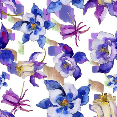 Suluboya mavi aquilegia çiçek. Sorunsuz arka plan deseni. Kumaş duvar kağıdı yazdırma doku. Arka plan, doku, sarıcı desen, çerçeve veya kenarlık için Aquarelle kır çiçeği.