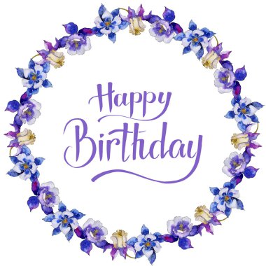 Suluboya mavi aquilegia çiçek. Botanik çiçek. Çerçeve kenarlığı süsleme Meydanı. Arka plan, doku, sarıcı desen, çerçeve veya kenarlık için Aquarelle kır çiçeği.