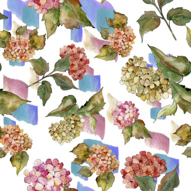 Suluboya kırmızı ve sarı gortenzia çiçek. Sorunsuz arka plan deseni. Kumaş duvar kağıdı yazdırma doku. Arka plan, doku, sarıcı desen, çerçeve veya kenarlık için Aquarelle kır çiçeği.