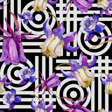 Suluboya mavi aquilegia çiçek. Sorunsuz arka plan deseni. Kumaş duvar kağıdı yazdırma doku. Arka plan, doku, sarıcı desen, çerçeve veya kenarlık için Aquarelle kır çiçeği.