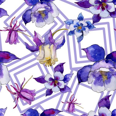 Suluboya mavi aquilegia çiçek. Sorunsuz arka plan deseni. Kumaş duvar kağıdı yazdırma doku. Arka plan, doku, sarıcı desen, çerçeve veya kenarlık için Aquarelle kır çiçeği.