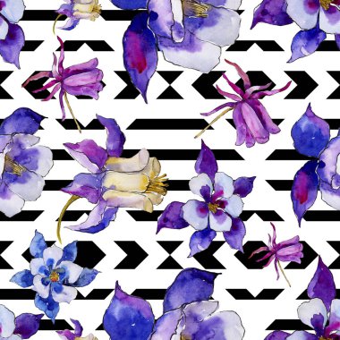 Suluboya mavi aquilegia çiçek. Sorunsuz arka plan deseni. Kumaş duvar kağıdı yazdırma doku. Arka plan, doku, sarıcı desen, çerçeve veya kenarlık için Aquarelle kır çiçeği.